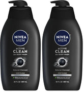 NIVEA MEN Active Clean Body Wash with Natural Charcoal for Normal to Oily Skin,3-in-1 Charcoal Body Wash,Face and Hair,Draws Out Dirt and Impurities,30 Fl Oz Bottle,(Pack of 2)