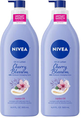 NIVEA Oil Infused Cherry Blossom and Jojoba Oil Body Lotion for Women, Fast-Absorbing and Non-Greasy Cherry Blossom Scented Lotion Moisturizes for 48 Hours, 16.9 Fl Oz Pump Bottle (Pack of 2)