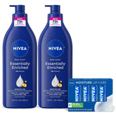 NIVEA Skin Care Set, Essentially Enriched Body Lotion Pack (2 x 16.9 Fl Oz) + Moisture Lip Care Lip Balm Set (4 x 0.17 Oz), Dermatologically Tested for Skin Compatibility