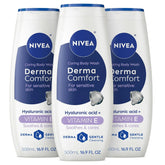 NIVEA Derma Comfort Caring Body Wash for Sensitive Skin, Body Wash with Hyaluronic Acid and Vitamin E, 16.9 Fl Oz Bottle, Pack of 3