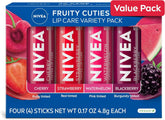 NIVEA Lip Care, Fruity Tinted Lip Balm Variety Pack, Cherry, Strawberry, Blackberry and Watermelon Flavors, 3-in-1 Moisture, Repair and Color, 0.17 Oz Stick, (Pack of 48)