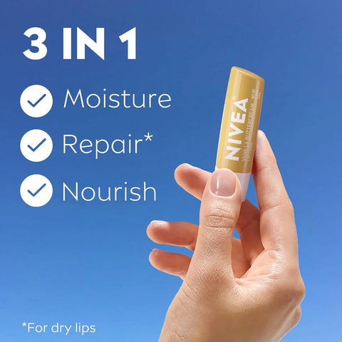 NIVEA Vanilla Buttercream Lip Care, Moisturizing Lip Balm with Shea Butter, Nourishing Oils and Vitamin C & E, 3-in-1 Moisture, Repair and Nourish, 0.17 Oz Stick, Pack of 4