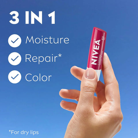 NIVEA Cherry Lip Care, Ruby Tinted Lip Balm Pack with Shea Butter, Nourishing Oils and Vitamin C & E, 3-in-1 Moisture, Repair and Color, 0.17 Oz Stick, Pack of 4