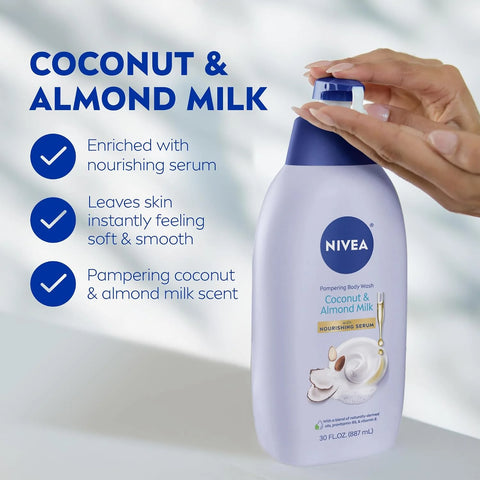 NIVEA Pampering Coconut and Almond Milk Body Wash with Nourishing Serum, Moisturizing Body Wash for Women, Enriched with Provitamin B5 and Vitamin E, 30 Fl Oz Bottle