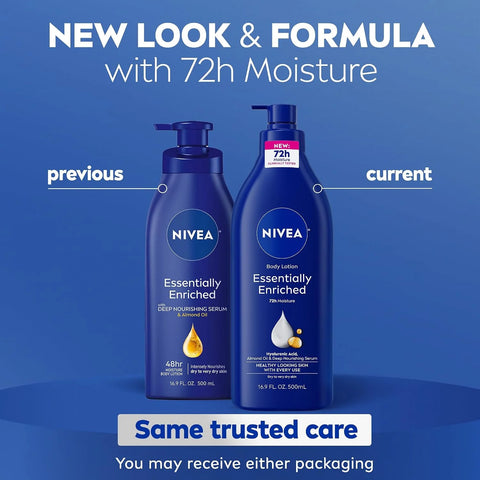 NIVEA Skin Care Set, Essentially Enriched Body Lotion Pack (2 x 16.9 Fl Oz) + Moisture Lip Care Lip Balm Set (4 x 0.17 Oz), Dermatologically Tested for Skin Compatibility