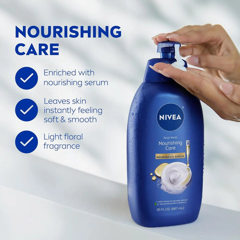 NIVEA Nourishing Care Body Wash with Nourishing Serum, Moisturizing Body Wash for Women, Enriched with Provitamin B5 and Vitamin E, 30 Fl Oz Bottle