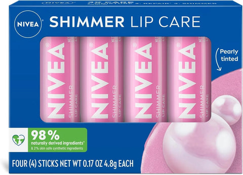 NIVEA Shimmer Lip Care, Shimmery Lip Balm Pack with Shea Butter, Nourishing Oils and Vitamin C & E, 3-in-1 Moisture, Repair and Shimmer, 0.17 Oz Stick (Pack of 48)