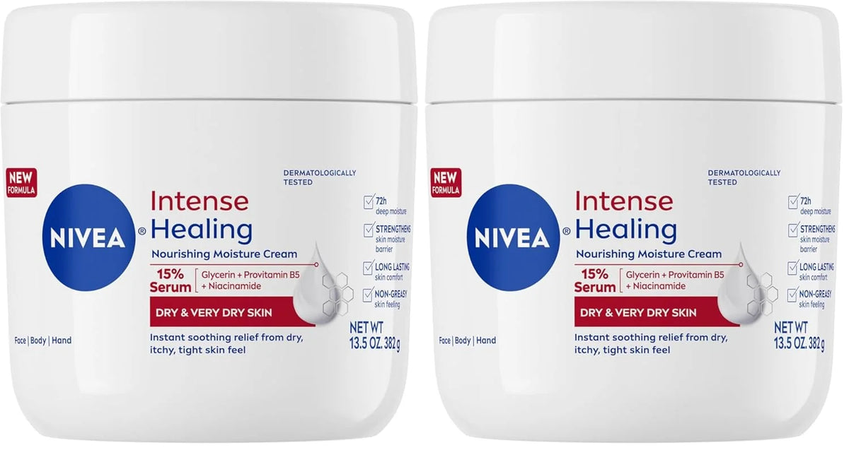 Nivea Intense Healing Body Cream for Dry Skin with Glycerin, Provitamin B5 & Niacinamide, 72-Hour Moisture, Non-Greasy, 13.5 oz Jar (Pack of 2)
