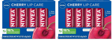 NIVEA Cherry Lip Care,Ruby Tinted Lip Balm Pack with Shea Butter,Nourishing Oils and Vitamin C & E,3-in-1 Moisture,Repair and Color,0.17 Oz Stick,(Pack of 8)