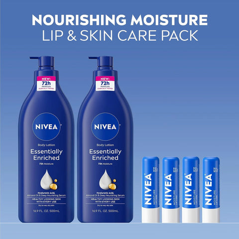 NIVEA Skin Care Set, Essentially Enriched Body Lotion Pack (2 x 16.9 Fl Oz) + Moisture Lip Care Lip Balm Set (4 x 0.17 Oz), Dermatologically Tested for Skin Compatibility