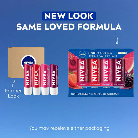 NIVEA Lip Care, Fruity Tinted Lip Balm Variety Pack, Cherry, Strawberry, Blackberry and Watermelon Flavors, 3-in-1 Moisture, Repair and Color, 0.17 Oz Stick, (Pack of 48)