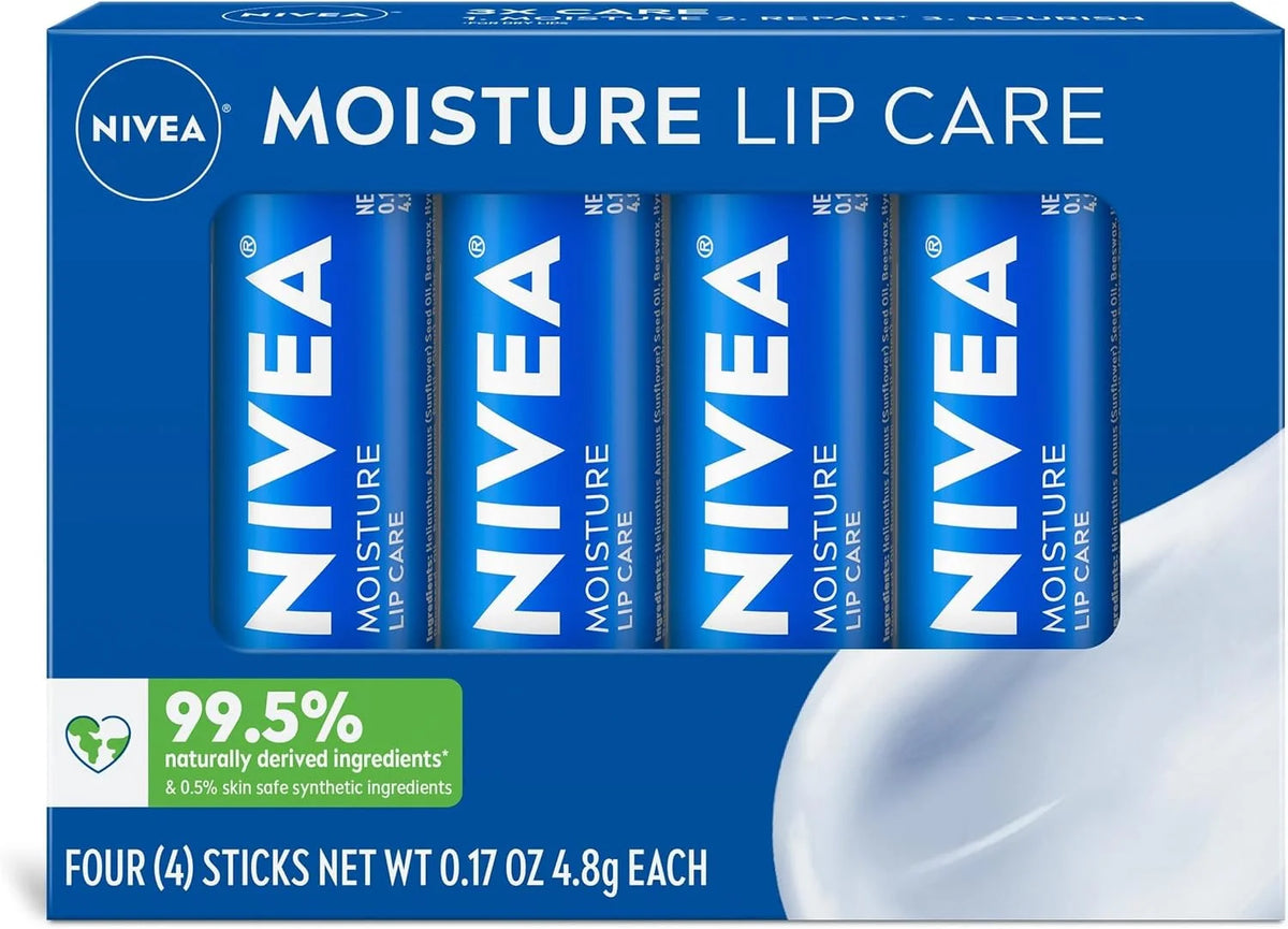 NIVEA Moisture Lip Care, Hydrating Lip Balm with Shea Butter, Nourishing Oils and Vitamin C & E, 3-in-1 Moisture, Repair and Nourish, 0.17 Oz Stick, Pack of 48