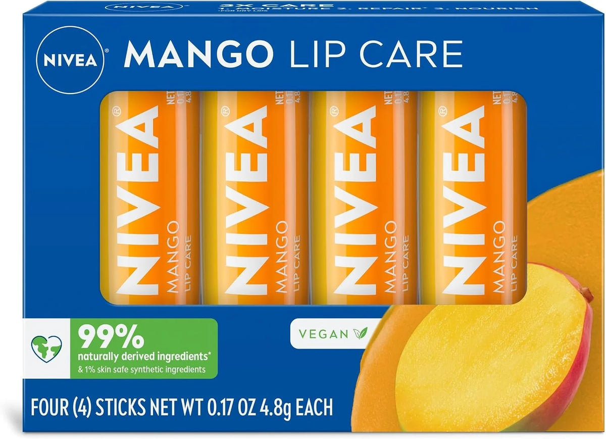 NIVEA Mango Lip Care, Vegan Lip Balm Pack with Shea Butter, Nourishing Oils and Vitamin C & E, 3-in-1 Moisturize, Repair and Protect, 0.17 Oz Stick, (Pack of 48)
