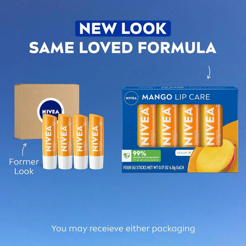 NIVEA Mango Lip Care, Vegan Lip Balm Pack with Shea Butter, Nourishing Oils and Vitamin C & E, 3-in-1 Moisturize, Repair and Protect, 0.17 Oz Stick, (Pack of 48)