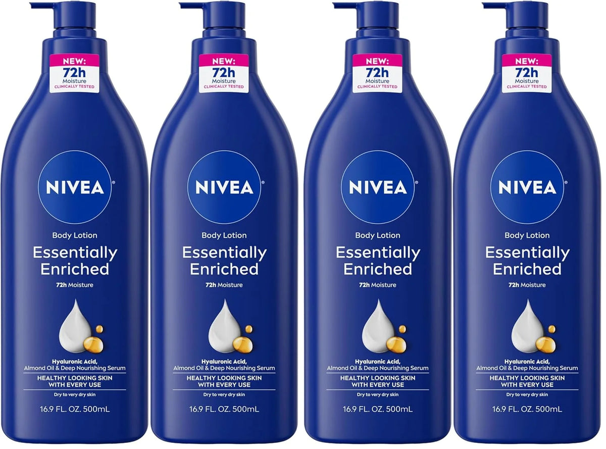 NIVEA Essentially Enriched Body Lotion for Very Dry Skin with Hyaluronic Acid,Almond Oil and Deep Nourishing Serum,72-Hour Body Moisturizer,16.9 Fl Oz Pump Bottle,(Pack of 4)