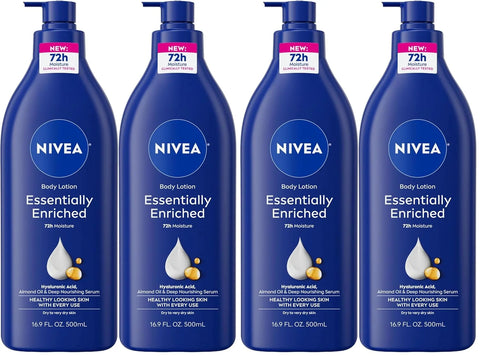 NIVEA Essentially Enriched Body Lotion for Very Dry Skin with Hyaluronic Acid,Almond Oil and Deep Nourishing Serum,72-Hour Body Moisturizer,16.9 Fl Oz Pump Bottle,(Pack of 4)
