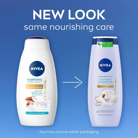 NIVEA Pampering Coconut and Almond Milk Body Wash with Nourishing Serum, Moisturizing Body Wash for Women, Enriched with Provitamin B5 and Vitamin E, 20 Fl Oz Bottle (Pack of 2)