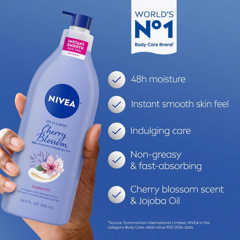 NIVEA Oil Infused Cherry Blossom and Jojoba Oil Body Lotion for Women, Fast-Absorbing and Non-Greasy Cherry Blossom Scented Lotion Moisturizes for 48 Hours, 16.9 Fl Oz Pump Bottle