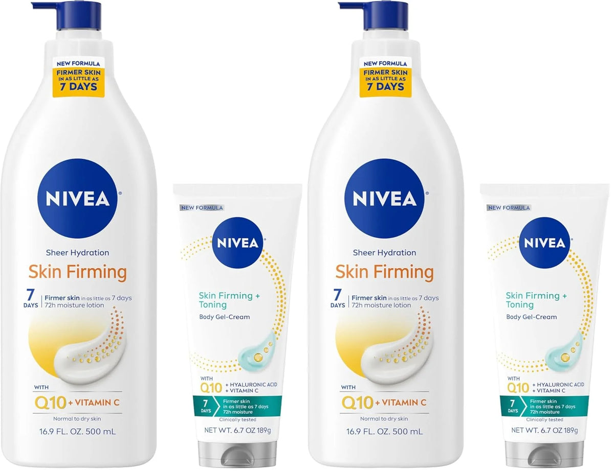 NIVEA Sheer Hydration Skin Firming Body Lotion (16.9 Fl Oz) + Skin Firming & Toning Body Gel Cream with Hyaluronic Acid (6.7 Oz),Enriched with Q10 and Vitamin C,(Pack of 4)