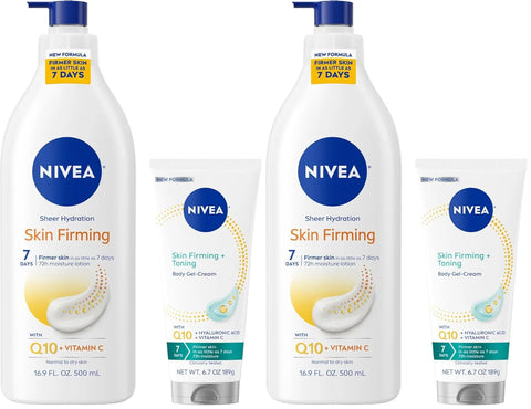 NIVEA Sheer Hydration Skin Firming Body Lotion (16.9 Fl Oz) + Skin Firming & Toning Body Gel Cream with Hyaluronic Acid (6.7 Oz),Enriched with Q10 and Vitamin C,(Pack of 4)
