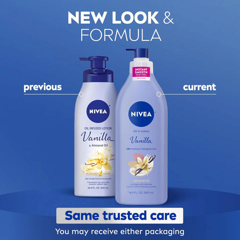 NIVEA Oil Infused Vanilla and Almond Oil Body Lotion for Women,Fast-Absorbing and Non-Greasy Vanilla Scented Lotion Moisturizes for 48 Hours,16.9 Fl Oz Pump Bottle,(Pack of 6)