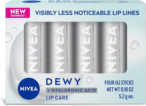 NIVEA Dewy Lip Balm with Hyaluronic Acid, Lightweight and Ultra-Hydrating for All Day Moisture, Leaves Visibly Less Noticeable Lip Lines and No Waxy Feel, 0.18 Oz, Pack of 48