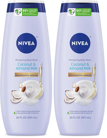 NIVEA Pampering Coconut and Almond Milk Body Wash with Nourishing Serum, Moisturizing Body Wash for Women, Enriched with Provitamin B5 and Vitamin E, 20 Fl Oz Bottle (Pack of 2)