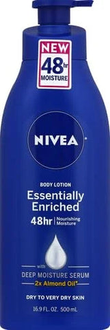 NIVEA Essentially Enriched Body Lotion for Very Dry Skin with Hyaluronic Acid, Almond Oil and Deep Nourishing Serum, 72-Hour Body Moisturizer, 16.9 Fl Oz Pump Bottle (Pack of 2)