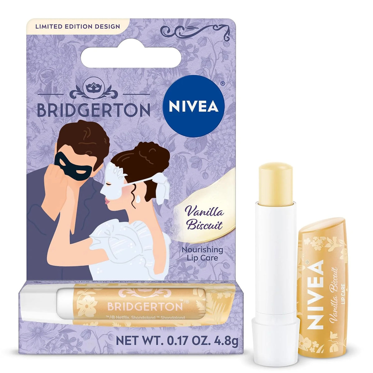 NIVEA Vanilla Biscuit Lip Balm, Nourishing Lip Care, Bridgerton Limited Edition Moisturizing Lip Balm with Shea Butter, 3-in-1 Moisture, Repair and Nourish, 0.17 Oz Stick