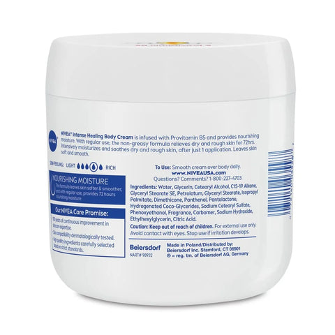 Nivea Intense Healing Body Cream for Dry Skin with Glycerin, Provitamin B5 & Niacinamide, 72-Hour Moisture, Non-Greasy, 13.5 oz Jar (Pack of 2)