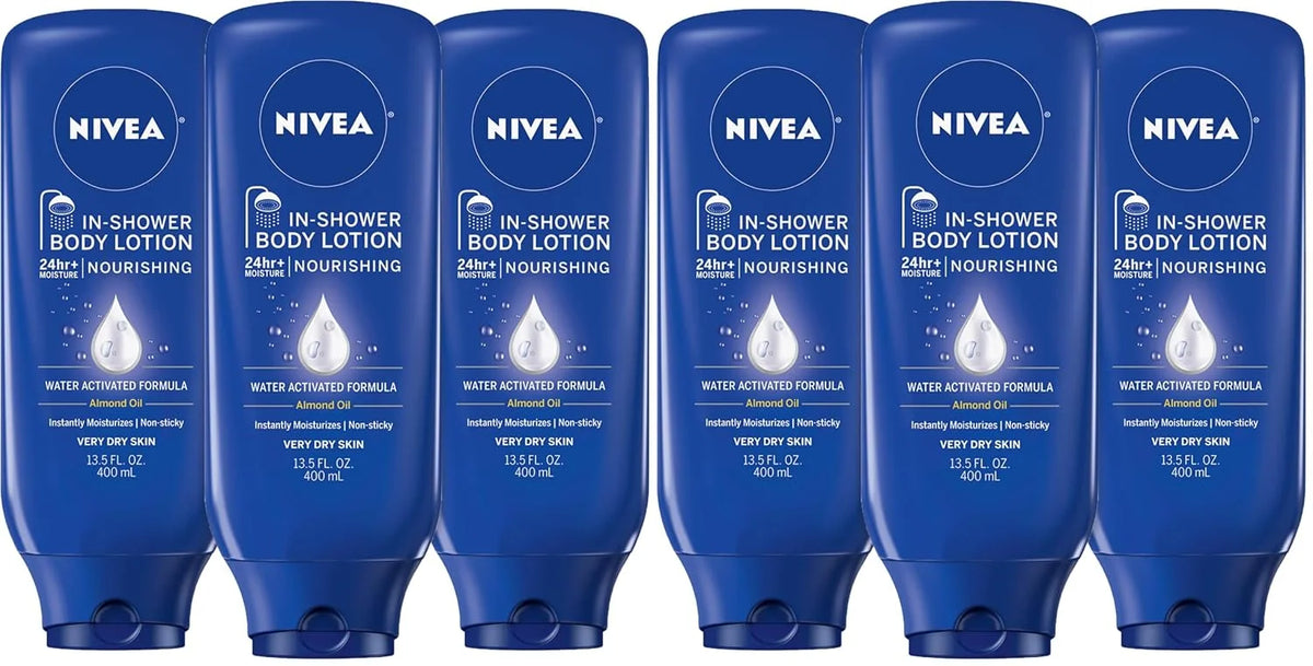 NIVEA Nourishing In Shower Lotion, Water Activated In Shower Moisturizer for Dry to Very Dry Skin, 13.5 FL OZ (Pack of 6)