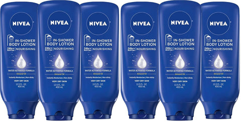 NIVEA Nourishing In Shower Lotion, Water Activated In Shower Moisturizer for Dry to Very Dry Skin, 13.5 FL OZ (Pack of 6)