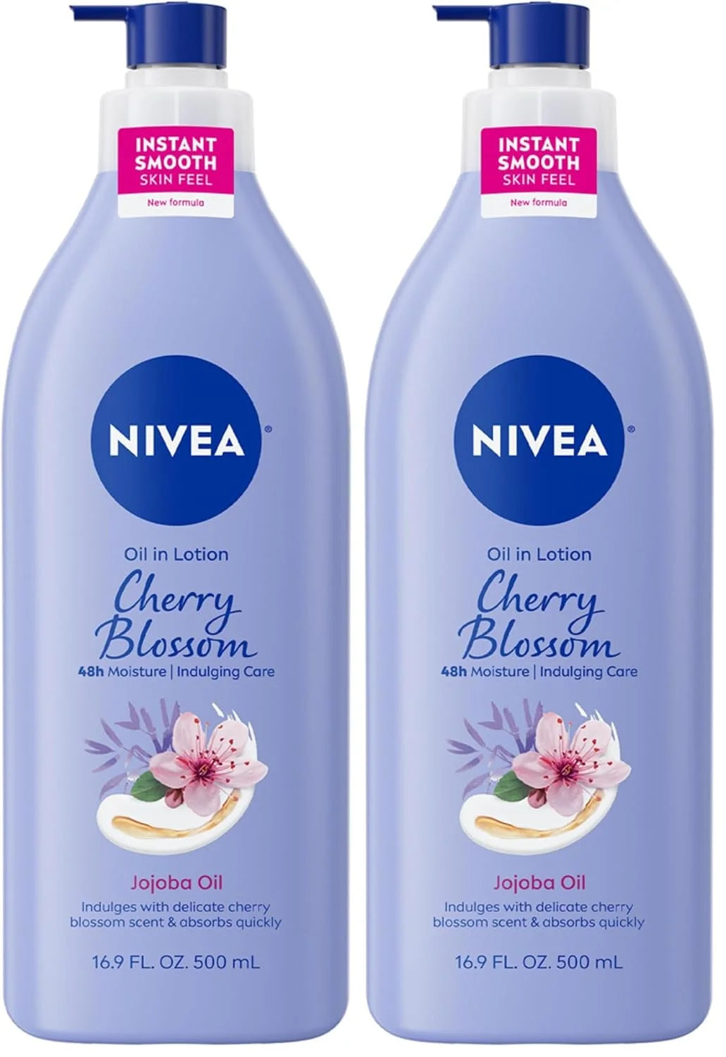 NIVEA Oil Infused Cherry Blossom and Jojoba Oil Body Lotion for Women, Fast-Absorbing and Non-Greasy Cherry Blossom Scented Lotion Moisturizes for 48 Hours, 16.9 Fl Oz Pump Bottle (Pack of 2)