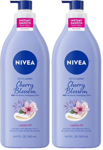 NIVEA Oil Infused Cherry Blossom and Jojoba Oil Body Lotion for Women, Fast-Absorbing and Non-Greasy Cherry Blossom Scented Lotion Moisturizes for 48 Hours, 16.9 Fl Oz Pump Bottle (Pack of 2)