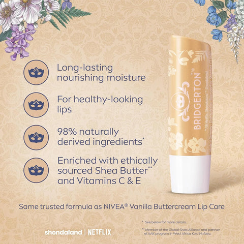 NIVEA Vanilla Biscuit Lip Balm, Nourishing Lip Care, Bridgerton Limited Edition Moisturizing Lip Balm with Shea Butter, 3-in-1 Moisture, Repair and Nourish, 0.17 Oz Stick
