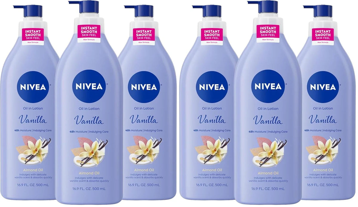 NIVEA Oil Infused Vanilla and Almond Oil Body Lotion for Women,Fast-Absorbing and Non-Greasy Vanilla Scented Lotion Moisturizes for 48 Hours,16.9 Fl Oz Pump Bottle,(Pack of 6)