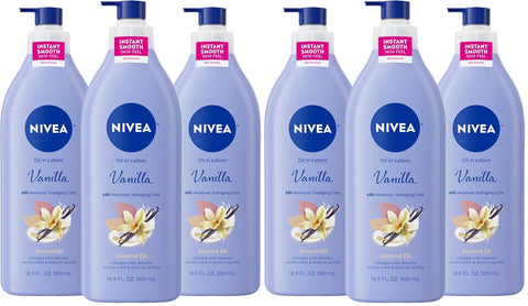 NIVEA Oil Infused Vanilla and Almond Oil Body Lotion for Women,Fast-Absorbing and Non-Greasy Vanilla Scented Lotion Moisturizes for 48 Hours,16.9 Fl Oz Pump Bottle,(Pack of 6)