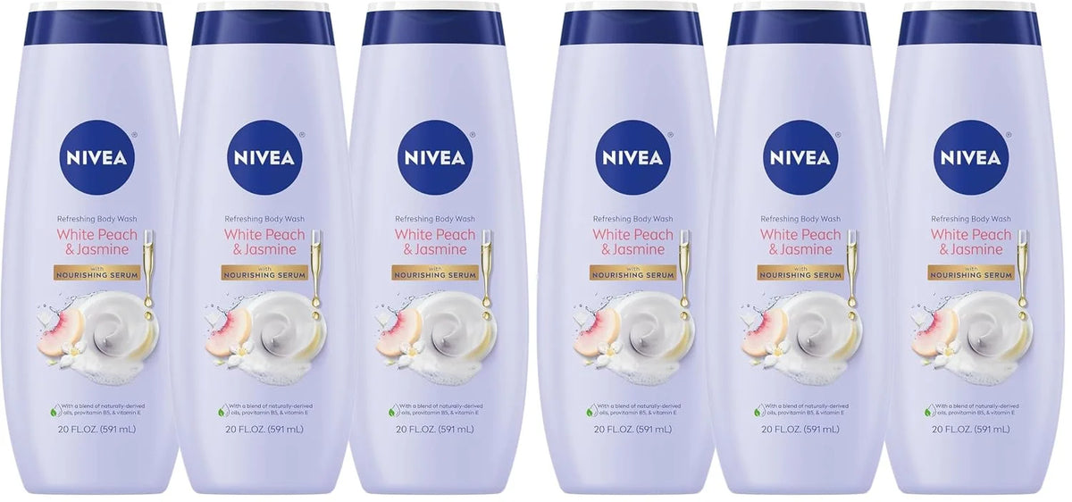 NIVEA Refreshing White Peach and Jasmine Body Wash with Nourishing Serum,Scented Body Wash for Women,Enriched with Provitamin B5 and Vitamin E,20 Fl Oz Bottle,(Pack of 6)