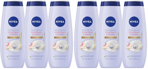 NIVEA Refreshing White Peach and Jasmine Body Wash with Nourishing Serum,Scented Body Wash for Women,Enriched with Provitamin B5 and Vitamin E,20 Fl Oz Bottle,(Pack of 6)