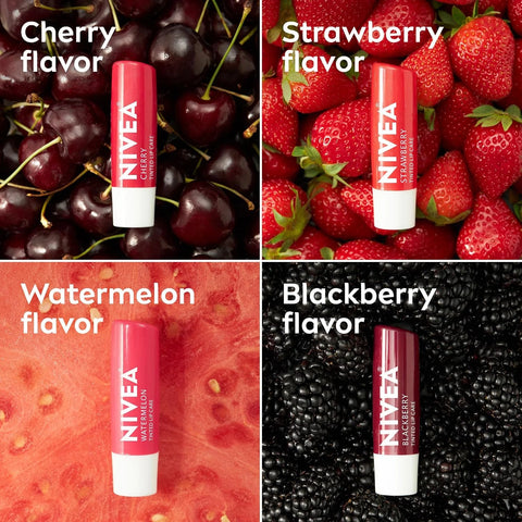 NIVEA Lip Care, Fruity Tinted Lip Balm Variety Pack, Cherry, Strawberry, Blackberry and Watermelon Flavors, 3-in-1 Moisture, Repair and Color, 0.17 Oz Stick, (Pack of 48)