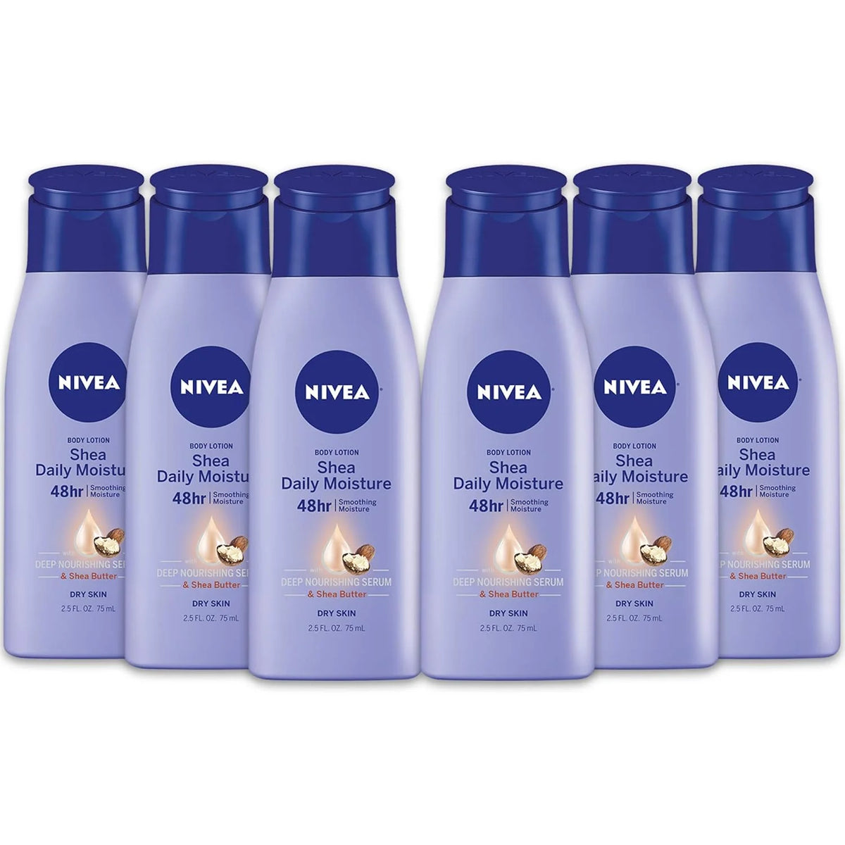 NIVEA Shea Nourish Body Lotion for Dry Skin with Hyaluronic Acid, Shea Butter and Deep Nourishing Serum, 48-Hour Body Moisturizer, 2.5 Fl Oz Bottle, Pack of 6