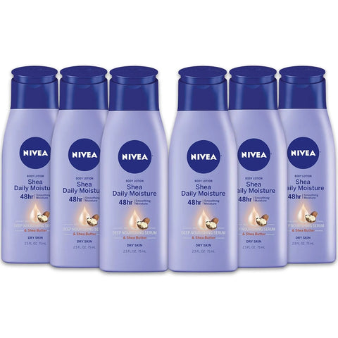 NIVEA Shea Nourish Body Lotion for Dry Skin with Hyaluronic Acid, Shea Butter and Deep Nourishing Serum, 48-Hour Body Moisturizer, 2.5 Fl Oz Bottle, Pack of 6