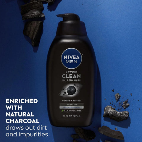 NIVEA MEN Active Clean Body Wash with Natural Charcoal for Normal to Oily Skin,3-in-1 Charcoal Body Wash,Face and Hair,Draws Out Dirt and Impurities,30 Fl Oz Bottle,(Pack of 2)
