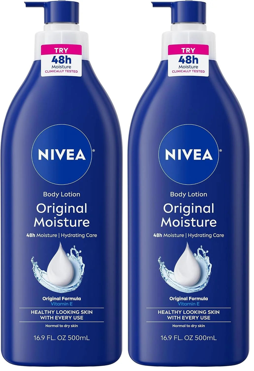 NIVEA Original Moisture Body Lotion with Vitamin E,48-Hour Body Moisturizer for Normal to Dry Skin,16.9 Fl Oz Pump Bottle, (Pack of 2)