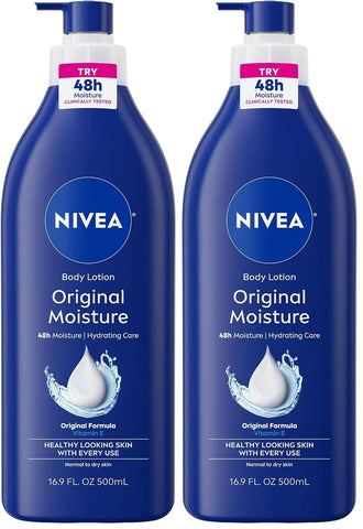 NIVEA Original Moisture Body Lotion with Vitamin E,48-Hour Body Moisturizer for Normal to Dry Skin,16.9 Fl Oz Pump Bottle, (Pack of 2)