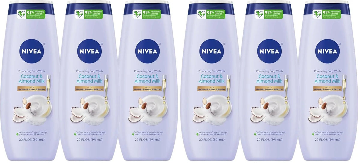 NIVEA Pampering Coconut and Almond Milk Body Wash with Nourishing Serum,Moisturizing Body Wash for Women,Enriched with Provitamin B5 and Vitamin E,20 Fl Oz Bottle,(Pack of 6)