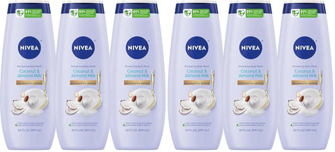 NIVEA Pampering Coconut and Almond Milk Body Wash with Nourishing Serum,Moisturizing Body Wash for Women,Enriched with Provitamin B5 and Vitamin E,20 Fl Oz Bottle,(Pack of 6)
