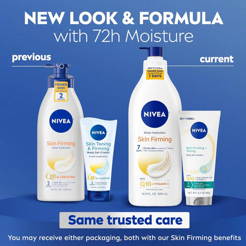 NIVEA Sheer Hydration Skin Firming Body Lotion (16.9 FL OZ) Skin Firming and Toning Body Gel Cream with Hyaluronic Acid (6.7 OZ), Skincare Enriched with Q10 and Vitamin C Multipack of 2