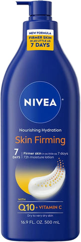 NIVEA Nourishing Hydration Skin Firming Body Lotion with Q10 and Vitamin C, 72-Hour Body Moisturizer for Dry to Very Dry Skin, 16.9 Fl Oz Pump Bottle (Pack of 12)