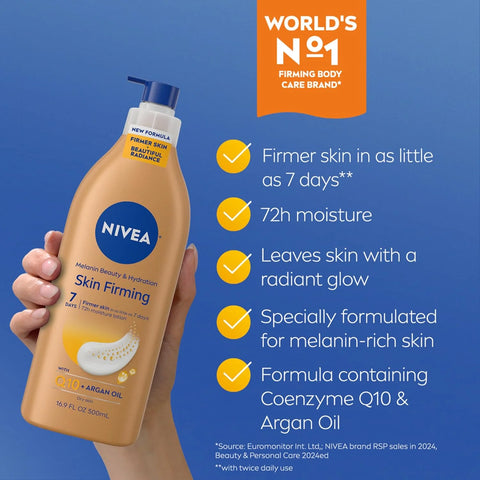NIVEA Skin Firming Melanin Beauty Body Lotion with Q10 and Argan Oil, 16.9 Oz